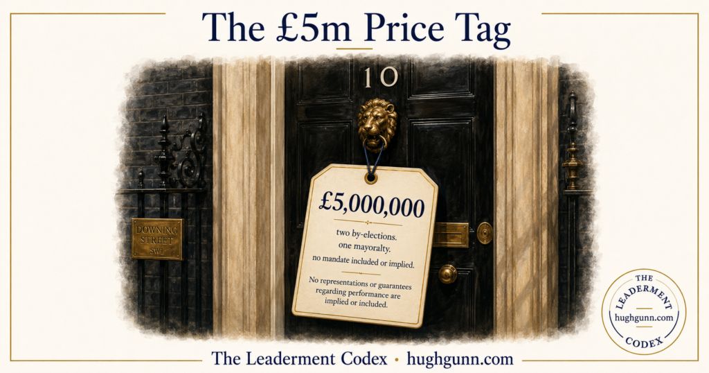 The black door of 10 Downing Street with a large retail swing-tag hung from the lion's-head knocker. The tag reads "£5,000,000 — two by-elections, one mayoralty, no mandate included or implied," with mock small print below stating no guarantees of performance are implied or included. The Downing Street SW1 sign is visible on the railings. The Leaderment Codex, hughgunn.com.