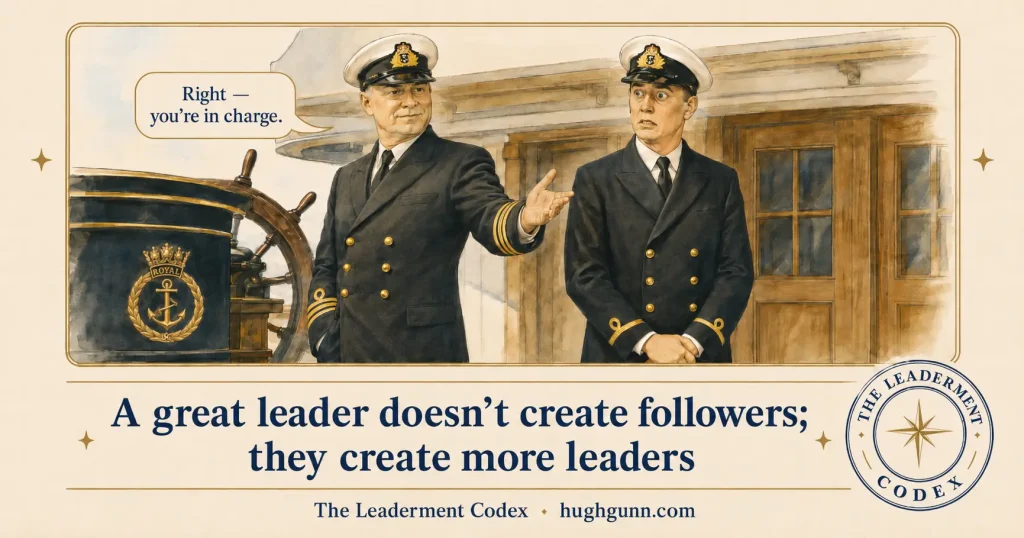 Two Royal Navy officers in uniform on the bridge of a ship. A senior officer gestures forward, saying in a speech bubble, "Right – you're in charge," while a younger officer looks on with a wide-eyed, startled expression. Below them, the text reads: "A great leader doesn't create followers; they create more leaders." Features The Leaderment Codex branding.