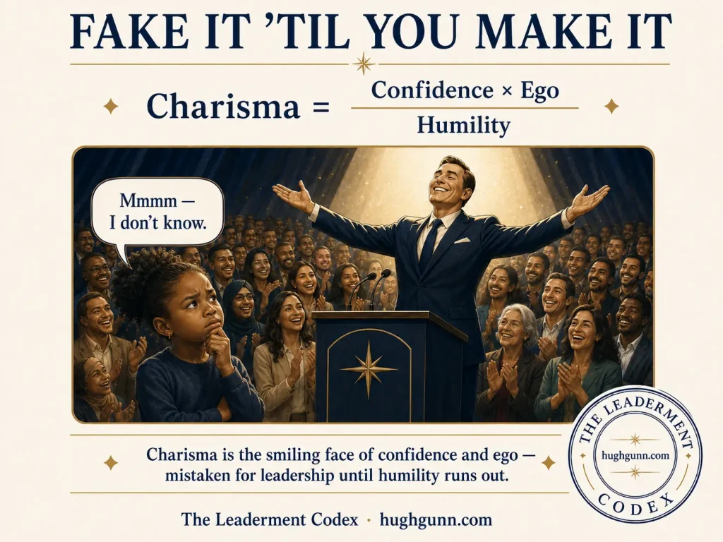 The Leaderment Codex Equation 3: Charisma diagram. Features the formula Charisma equals Confidence times Ego divided by Humility. Below, an illustration shows a charismatic male leader on stage addressing an applauding corporate crowd, while a young girl in the foreground looks sceptical with a thought bubble saying "Mmmm – I don't know."