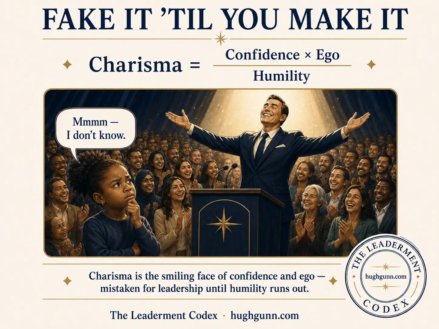 The Leaderment Codex Equation 3: Charisma diagram. Features the formula Charisma equals Confidence times Ego divided by Humility. Below, an illustration shows a charismatic male leader on stage addressing an applauding corporate crowd, while a young girl in the foreground looks sceptical with a thought bubble saying "Mmmm – I don't know."