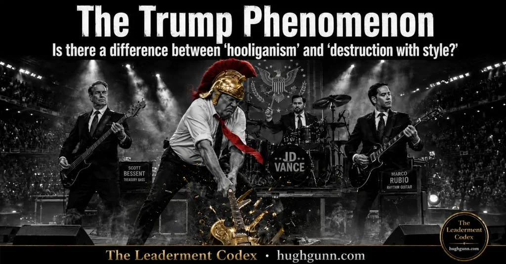 Graphic titled 'Chaos Unleashed' featuring Donald Trump on stage wearing a golden Macedonian helmet and smashing an electric guitar, backed by Scott Bessent on bass, JD Vance on drums, and Marco Rubio on rhythm guitar.