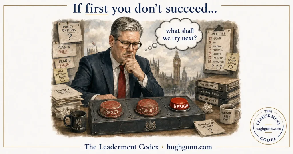 Satirical watercolour of a UK prime minister at a desk before a control panel of three red buttons labelled RESET, RESHUFFLE and RESIGN; the RESET and RESHUFFLE buttons are worn while RESIGN remains glossy and unpressed. A thought bubble reads "what shall we try next?", with notes reading PLAN A FAILED and PLAN B FAILED pinned behind. The Leaderment Codex, hughgunn.com.