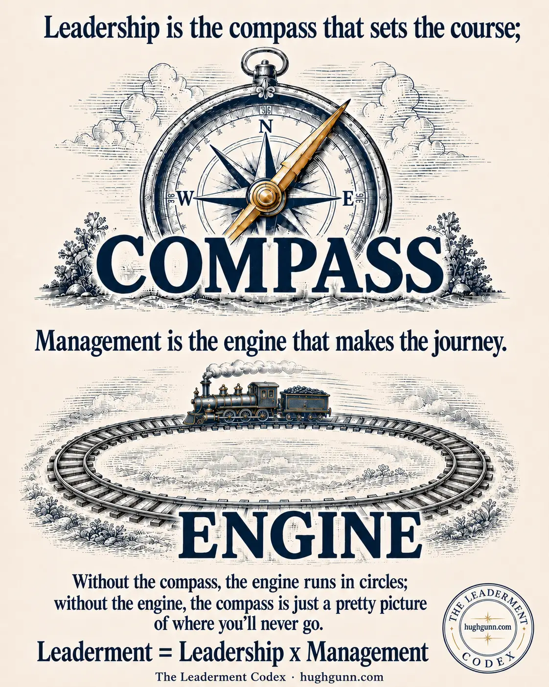 The Leaderment Codex infographic illustrating Equation 7: Leaderment. The top half shows a large, detailed nautical compass amongst clouds. The bottom half shows a steam train engine running on a circular track. Full text reads: "Leadership is the compass that sets the course; Management is the engine that makes the journey. Without the compass, the engine runs in circles; without the engine, the compass is just a pretty picture of where you’ll never go. Leaderment = Leadership x Management."