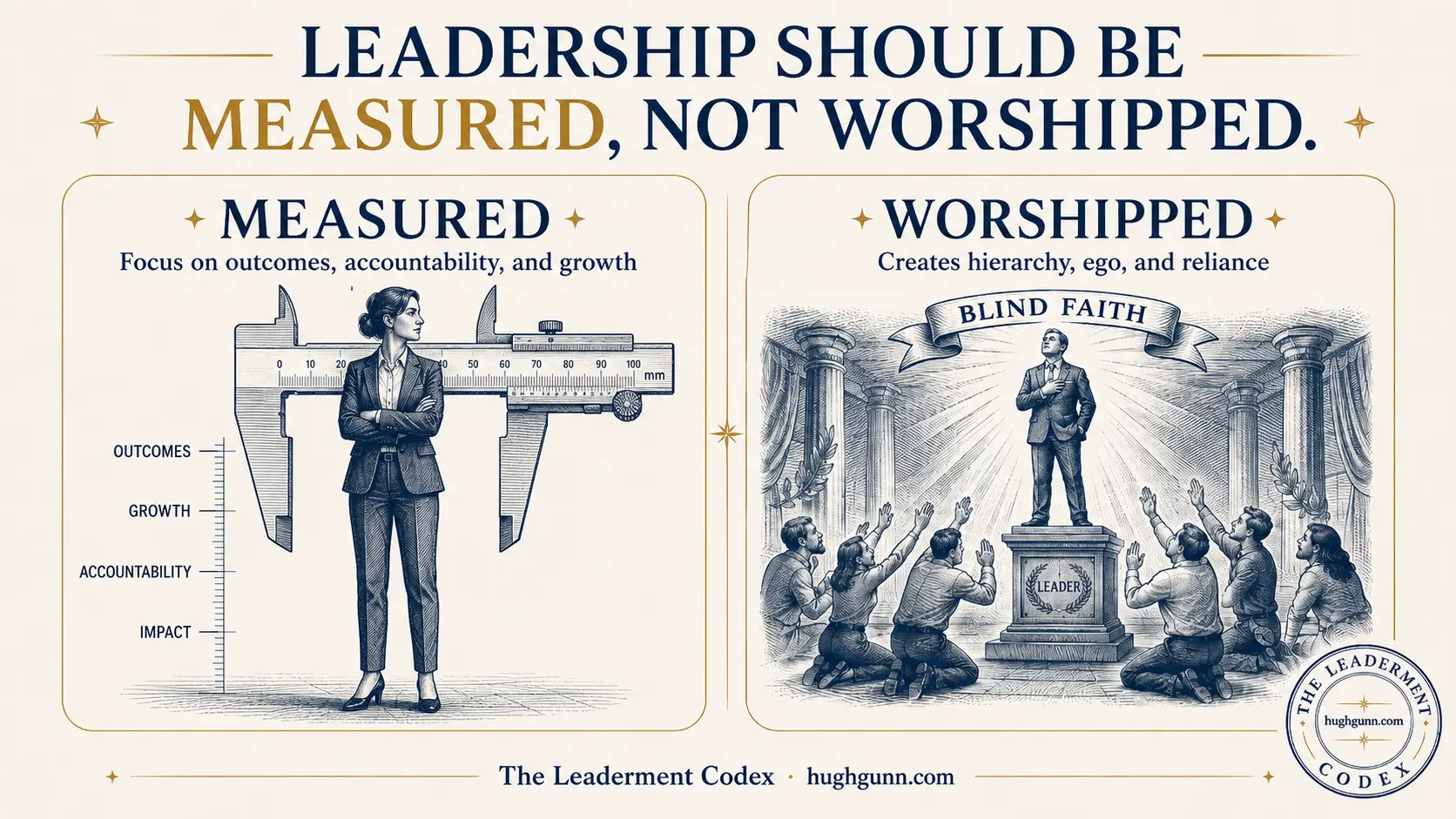Leadership should be measured, not worshipped — a two-panel illustration contrasting a composed leader measured by a caliper against outcomes, growth, accountability and impact, with an idolised leader worshipped on a pedestal beneath a "Blind Faith" banner.