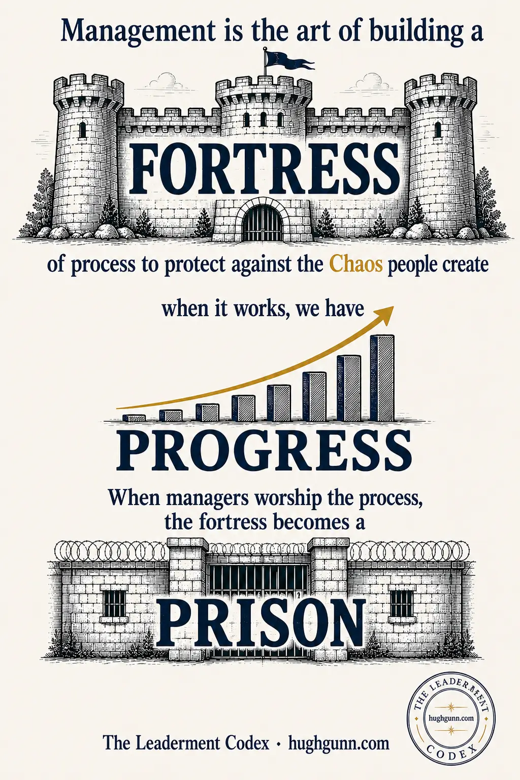 The Leaderment Codex infographic illustrating the balance of corporate process. Features a large stone fortress at the top representing management, an upward-trending bar chart showing economic progress, and a high-security prison with barbed wire at the bottom. Full text reads: "Management is the art of building a fortress of process to protect against the Chaos people create. When it works, we have Progress. When managers worship the process, the fortress becomes a prison."