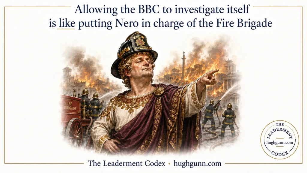 A satirical illustration of the Roman Emperor Nero wearing a firefighter's helmet and classical toga, pointing dramatically amidst a burning cityscape while a fire brigade attempts to extinguish the flames. Text at the top reads: "Allowing the BBC to investigate itself is like putting Nero in charge of the Fire Brigade." The bottom includes the branding for "The Leaderment Codex • hughgunn.com".