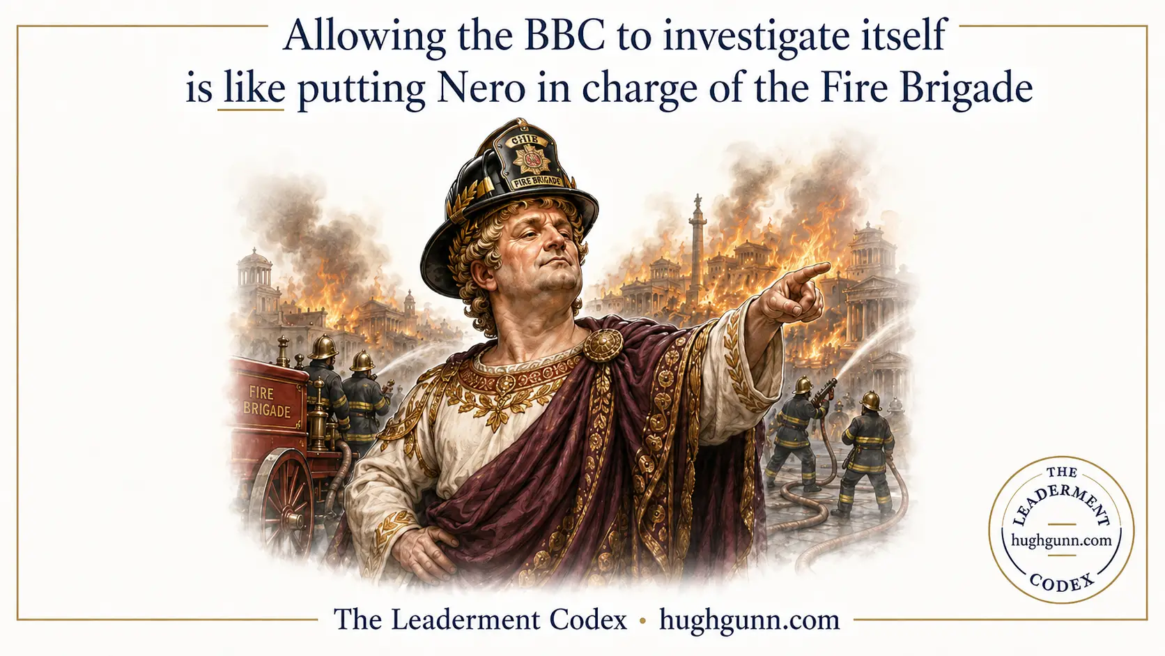 A satirical illustration of the Roman Emperor Nero wearing a firefighter's helmet and classical toga, pointing dramatically amidst a burning cityscape while a fire brigade attempts to extinguish the flames. Text at the top reads: "Allowing the BBC to investigate itself is like putting Nero in charge of the Fire Brigade." The bottom includes the branding for "The Leaderment Codex • hughgunn.com".
