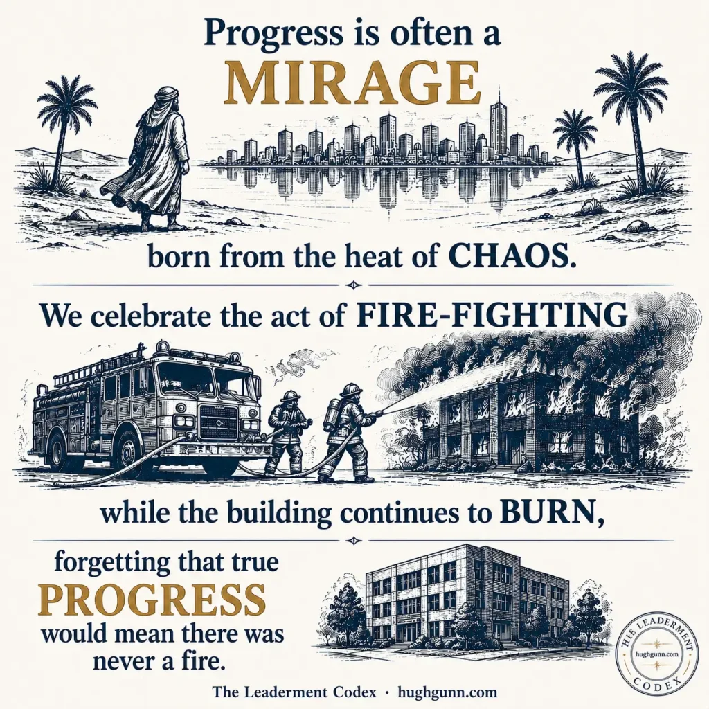 The Leaderment Codex infographic about organizational friction. The top panel shows a person in a desert looking at a city skyline mirage. The middle panel shows firefighters spraying water on a burning building. The bottom panel shows a clean, modern corporate office building standing intact. Full text reads: "Progress is often a MIRAGE born from the heat of CHAOS. We celebrate the act of FIRE-FIGHTING while the building continues to BURN, forgetting that true PROGRESS would mean there was never a fire."