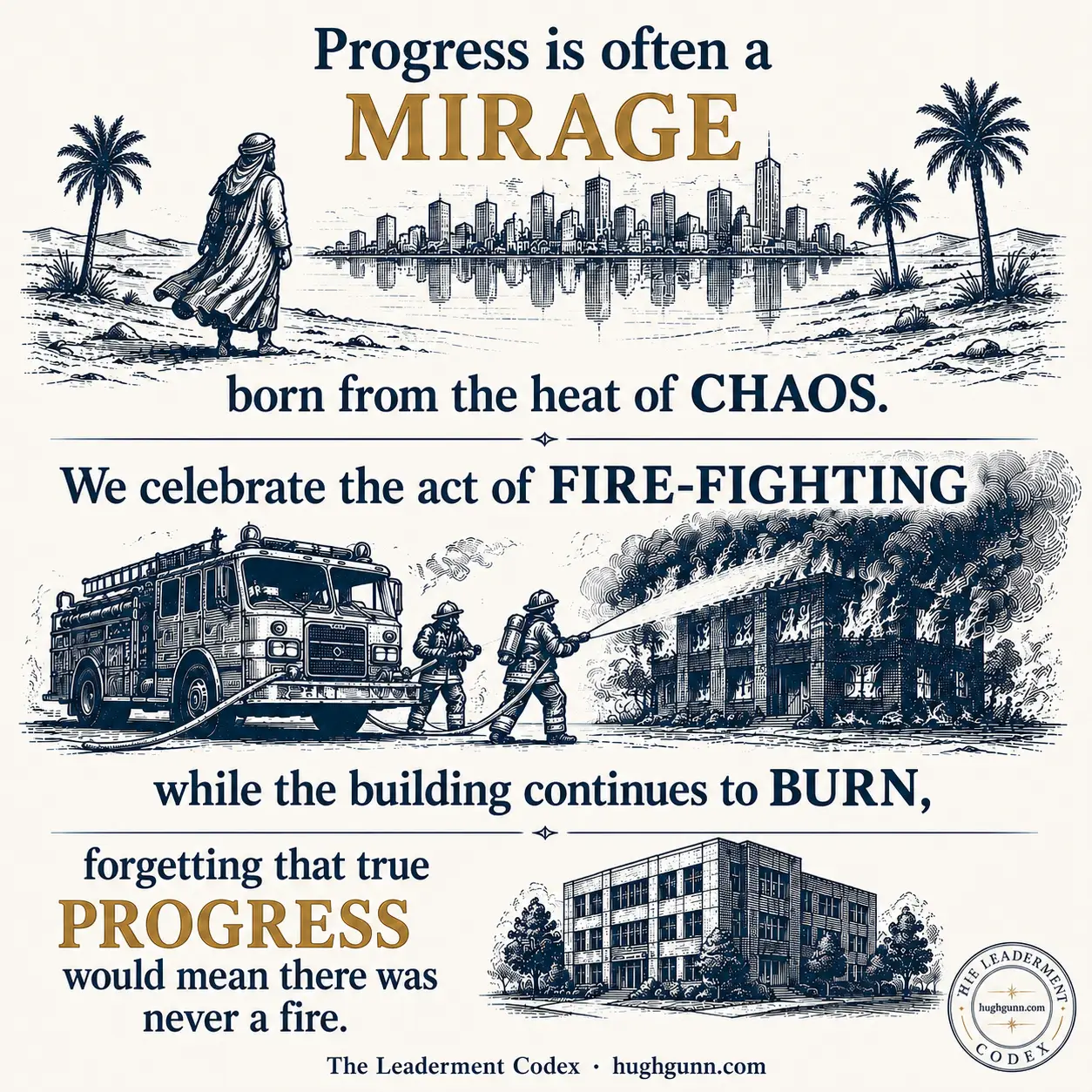 The Leaderment Codex infographic about organizational friction. The top panel shows a person in a desert looking at a city skyline mirage. The middle panel shows firefighters spraying water on a burning building. The bottom panel shows a clean, modern corporate office building standing intact. Full text reads: "Progress is often a MIRAGE born from the heat of CHAOS. We celebrate the act of FIRE-FIGHTING while the building continues to BURN, forgetting that true PROGRESS would mean there was never a fire."