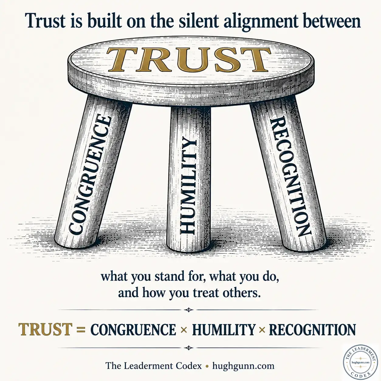 The Leaderment Codex infographic illustrating Equation 9: Trust. It features a sketch of a sturdy three-legged wooden stool where the seat is engraved with the word "TRUST". The three supporting legs are individually labelled vertically as "CONGRUENCE", "HUMILITY", and "RECOGNITION". Full text reads: "Trust is built on the silent alignment between what you stand for, what you do, and how you treat others. TRUST = CONGRUENCE × HUMILITY × RECOGNITION."