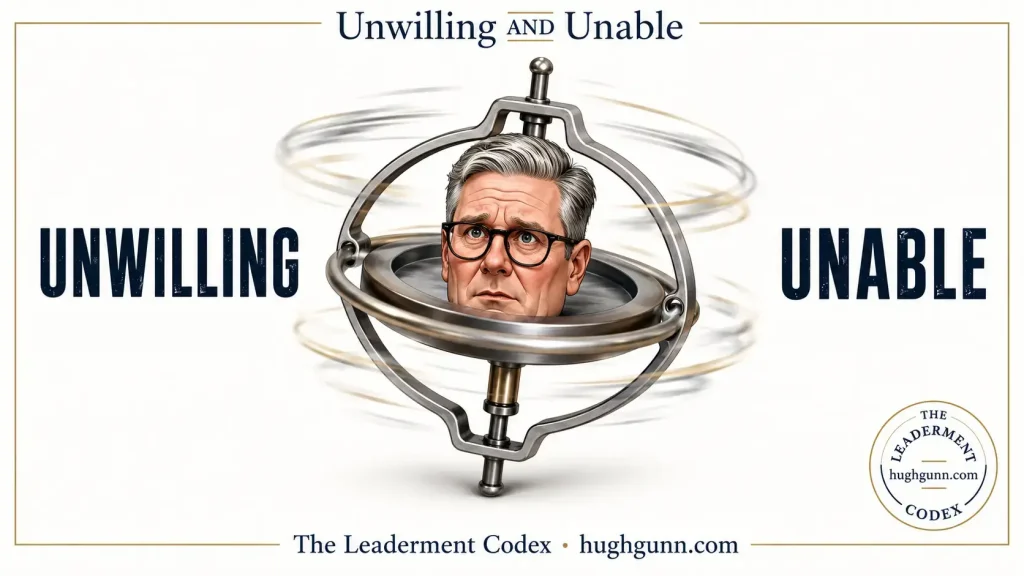 Conceptual graphic featuring the face of Keir Starmer spinning inside a metallic gyroscope mechanism. The words UNWILLING and UNABLE appear in bold text on either side, with titles referencing The Leaderment Codex.
