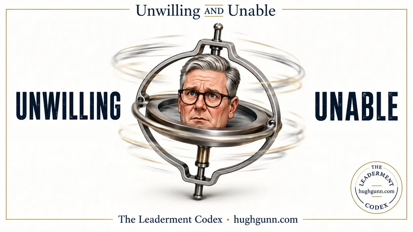 Conceptual graphic featuring the face of Keir Starmer spinning inside a metallic gyroscope mechanism. The words UNWILLING and UNABLE appear in bold text on either side, with titles referencing The Leaderment Codex.